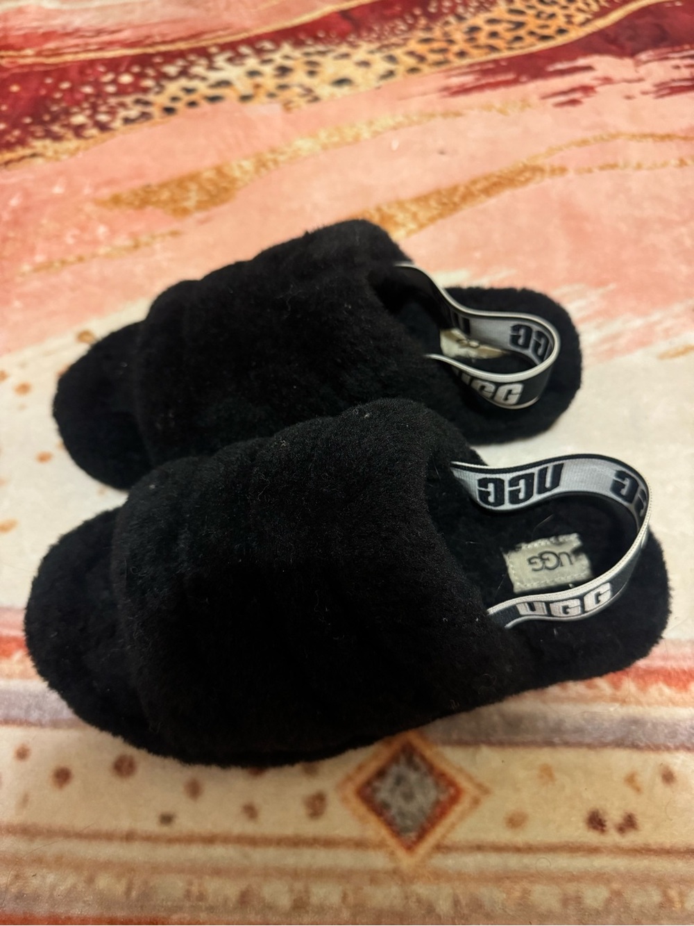UGG Black Plush Slide Slippers with Branded Heel Strap